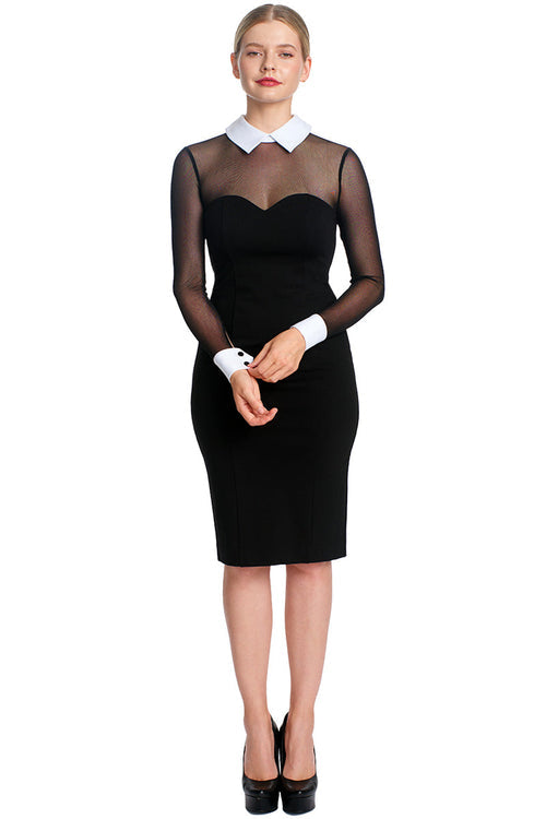 Tuxedo Illusion Sheath Dress - Black & white midi dress with mesh